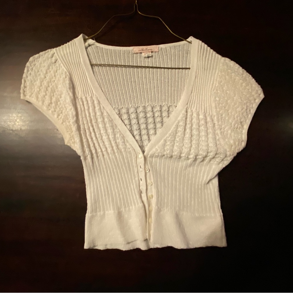 Intuitions Women’s White Short Sleeve Lace Cardigan, Size L